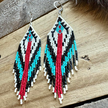 Load image into Gallery viewer, Turquoise, Red, Black and Cream Traditional Seed Bead Fringe Earrings, Miyuki Delica
