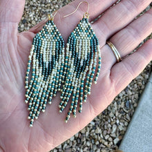 Load image into Gallery viewer, Turquoise, Teal and Cream Hand  Beaded Fringe Earrings with Gold Accents
