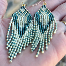 Load image into Gallery viewer, Turquoise, Teal and Cream Hand  Beaded Fringe Earrings with Gold Accents
