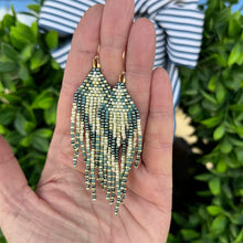 Load image into Gallery viewer, Turquoise, Teal and Cream Hand  Beaded Fringe Earrings with Gold Accents
