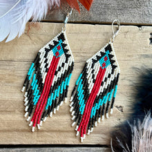 Load image into Gallery viewer, Turquoise, Red, Black and Cream Traditional Seed Bead Fringe Earrings, Miyuki Delica
