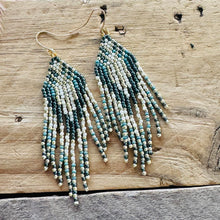 Load image into Gallery viewer, Turquoise, Teal and Cream Hand  Beaded Fringe Earrings with Gold Accents
