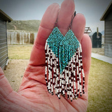 Load image into Gallery viewer, Turquoise and Cow Pattern Print Brown Cream Beaded Fringe Earrings
