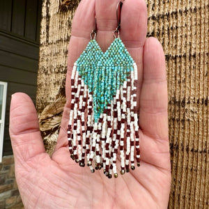 Turquoise and Cow Pattern Print Brown Cream Beaded Fringe Earrings