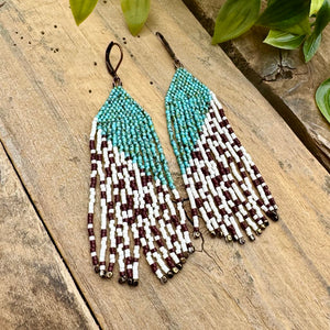 Turquoise and Cow Pattern Print Brown Cream Beaded Fringe Earrings