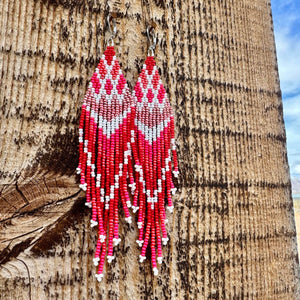 Red, Pink and White Valentines Day Shoulder Duster Beaded Fringe Earrings