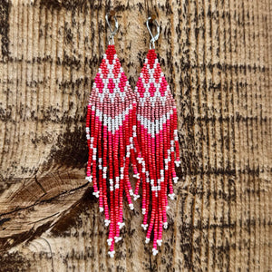 Red, Pink and White Valentines Day Shoulder Duster Beaded Fringe Earrings