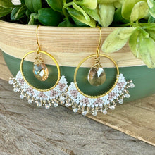 Load image into Gallery viewer, Gold Hoops with White and Taupe Accents, Glass Charm
