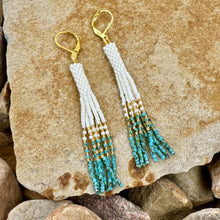 Load image into Gallery viewer, Off-White, Turquoise and Gold Beaded Tassel Earrings, Dangle, Fringe
