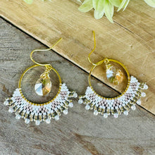 Load image into Gallery viewer, Gold Hoops with White and Taupe Accents, Glass Charm
