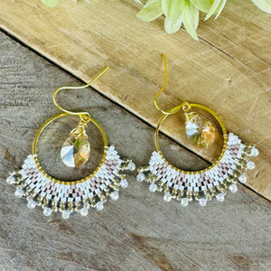 Gold Hoops with White and Taupe Accents, Glass Charm