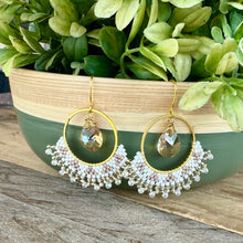 Load image into Gallery viewer, Gold Hoops with White and Taupe Accents, Glass Charm
