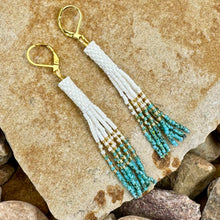 Load image into Gallery viewer, Off-White, Turquoise and Gold Beaded Tassel Earrings, Dangle, Fringe
