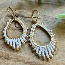 Load image into Gallery viewer, Brass Teardrop Beaded Earrings with White and Gold Accents
