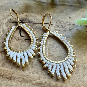 Brass Teardrop Beaded Earrings with White and Gold Accents