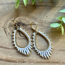 Load image into Gallery viewer, Brass Teardrop Beaded Earrings with White and Gold Accents
