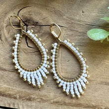 Load image into Gallery viewer, Brass Teardrop Beaded Earrings with White and Gold Accents
