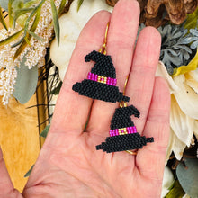 Load image into Gallery viewer, Witch Hat Beaded Earrings with Faux Buckle and Purple Hat Band
