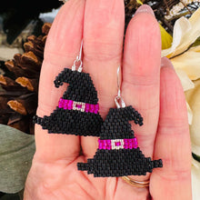 Load image into Gallery viewer, Witch Hat Beaded Earrings with Faux Buckle and Purple Hat Band
