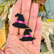 Load image into Gallery viewer, Witch Hat Beaded Earrings with Faux Buckle and Purple Hat Band
