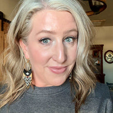 Load image into Gallery viewer, Black and White Beaded Fringe Earrings on Gold Hoops, with Cranberry Red Accent
