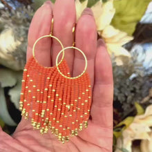 Load and play video in Gallery viewer, Pumpkin Orange and Gold Beaded Fringe Hoop Earrings
