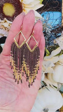 Load and play video in Gallery viewer, Brown and Gold Beaded Fringe Earrings on Gold Diamond Frames with Purple Highlights
