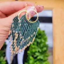 Load and play video in Gallery viewer, Deep Emerald Green Beaded Fringe Earrings on Gold Hoops
