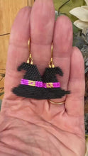 Load and play video in Gallery viewer, Witch Hat Beaded Earrings with Faux Buckle and Purple Hat Band
