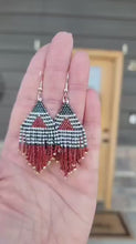 Load and play video in Gallery viewer, Christmas Holiday Earrings, Trees, Forest Green, Cranberry Red, White, Stripes, Gold, Beaded Fringe, Handmade
