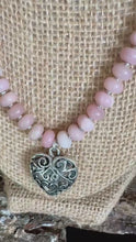 Load and play video in Gallery viewer, Pink Opal Beaded Necklace with Silver Heart Pendant and Matching Earrings
