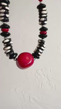 Load and play video in Gallery viewer, Red, Blacd and White Beaded Statement Necklace with Matching Earrings
