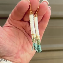 Load and play video in Gallery viewer, Off-White, Turquoise and Gold Beaded Tassel Earrings, Dangle, Fringe
