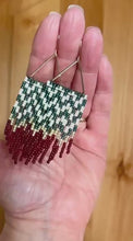 Load and play video in Gallery viewer, Retro Pattern Burgundy, Teal, Cream and Gold Beaded Fringe Earrings, Triangle Frame
