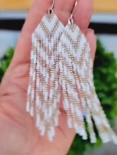 Load and play video in Gallery viewer, White and Gold Beaded Fringe Earrings with Chevron Pattern
