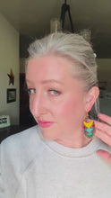Load and play video in Gallery viewer, Bold, Geometric Beaded Frings Gold Hoops, Hematite, Yellow, Turquoise Blue, Green, Red
