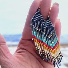 Load and play video in Gallery viewer, Multicolored Beaded Fringe Earrings in Chevron Pattern Blue Gold Turquoise Red Yellow White
