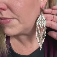 Load and play video in Gallery viewer, Beaded Fringe Earrings, Seafoam Green, Off-White and Copper, Southwest Style
