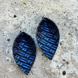 Navy Blue and Black Thatched Pinched Leaf Faux Leather Earrings