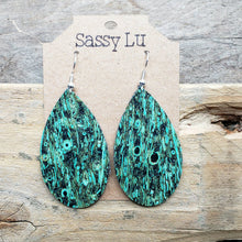 Load image into Gallery viewer, Green tiny peacock pattern cork earrings
