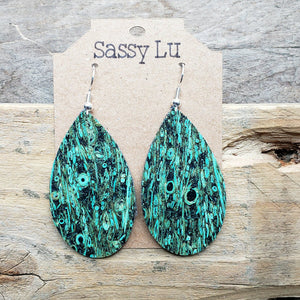 Green tiny peacock pattern cork earrings