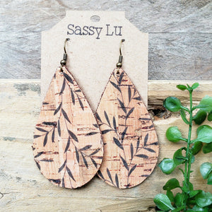 Natural Cork with Black Vine Design, Backed by Genuine Leather, Earrings