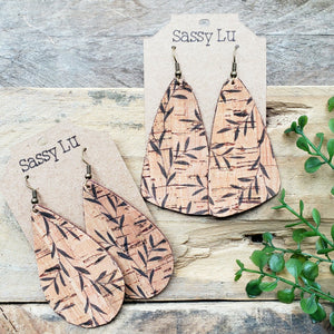 Natural Cork with Black Vine Design, Backed by Genuine Leather, Earrings