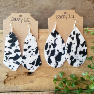 Cow Print Earrings, Faux/Vegan Leather, Teardrops or Dangles