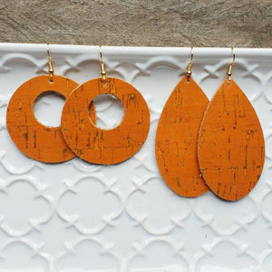 Orange Earrings, Leather Backed Cork on 18k Gold Plated Ear Wires