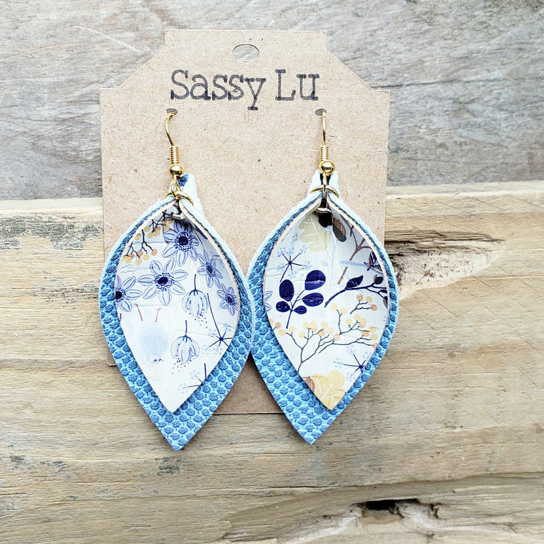 Blue Lake Cork Earrings with Leaves and Flowers, Blues and Browns