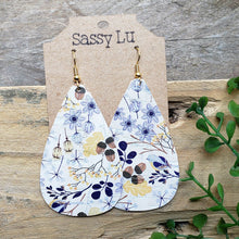 Load image into Gallery viewer, Blue Lake Cork Earrings with Leaves and Flowers, Blues and Browns
