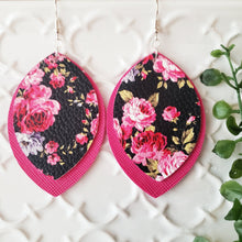 Load image into Gallery viewer, Black Floral and Fuchsia Faux / Vegan Leather Earrings, Double Layer, Nickel Free
