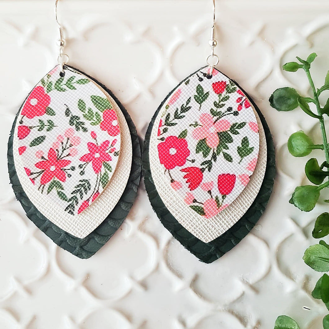Pink, Green, and White, 3 layer Faux/Vegan Leather Earrings, Nickel Free