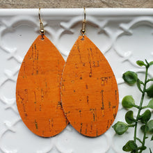 Load image into Gallery viewer, Orange Earrings, Leather Backed Cork on 18k Gold Plated Ear Wires

